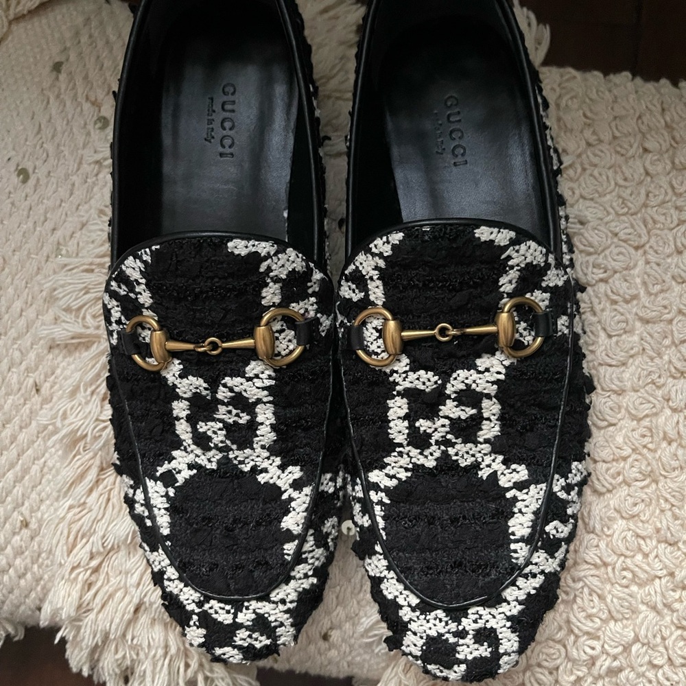 Authentic Gucci Jordaan GG Tweed Horsebit Loafers Size 37
